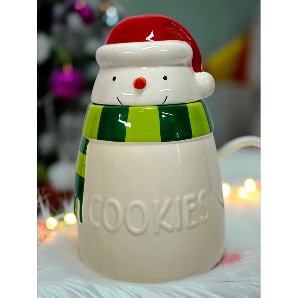 Hallmark 9" Snowman Cookie Jar Christmas Red Hat Green Scarf 9in White Ceramic
